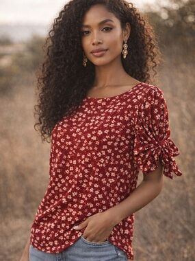 Banana Republic Rust Red Floral Tie-Sleeve Top | Size M